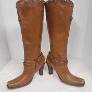 Antonio Melani Leather Camel Heeedl Harness Studded Buffalo Nickel Boot Size 8